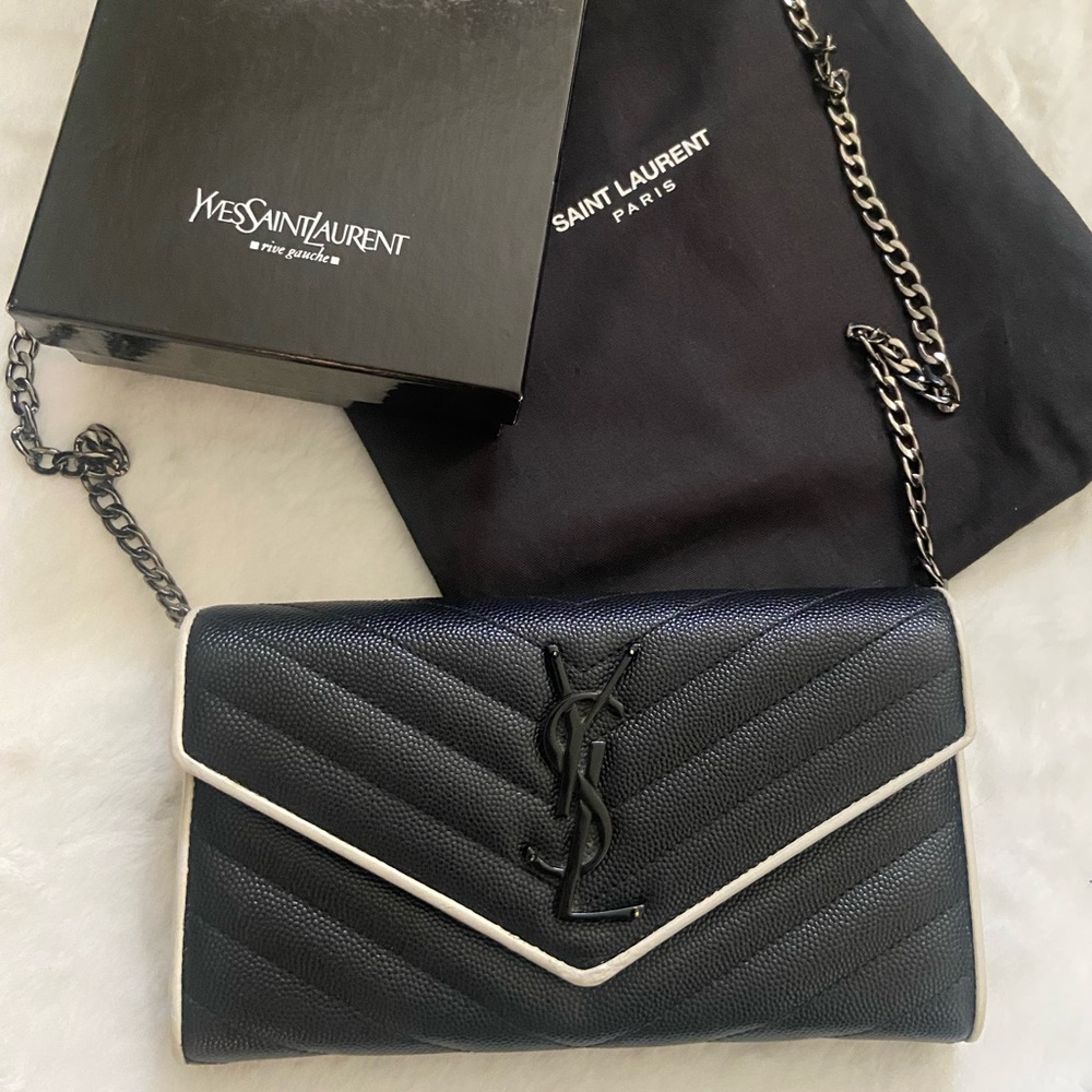 YSL Cassandre Chevron Leather Wallet with white trim and black hardware
